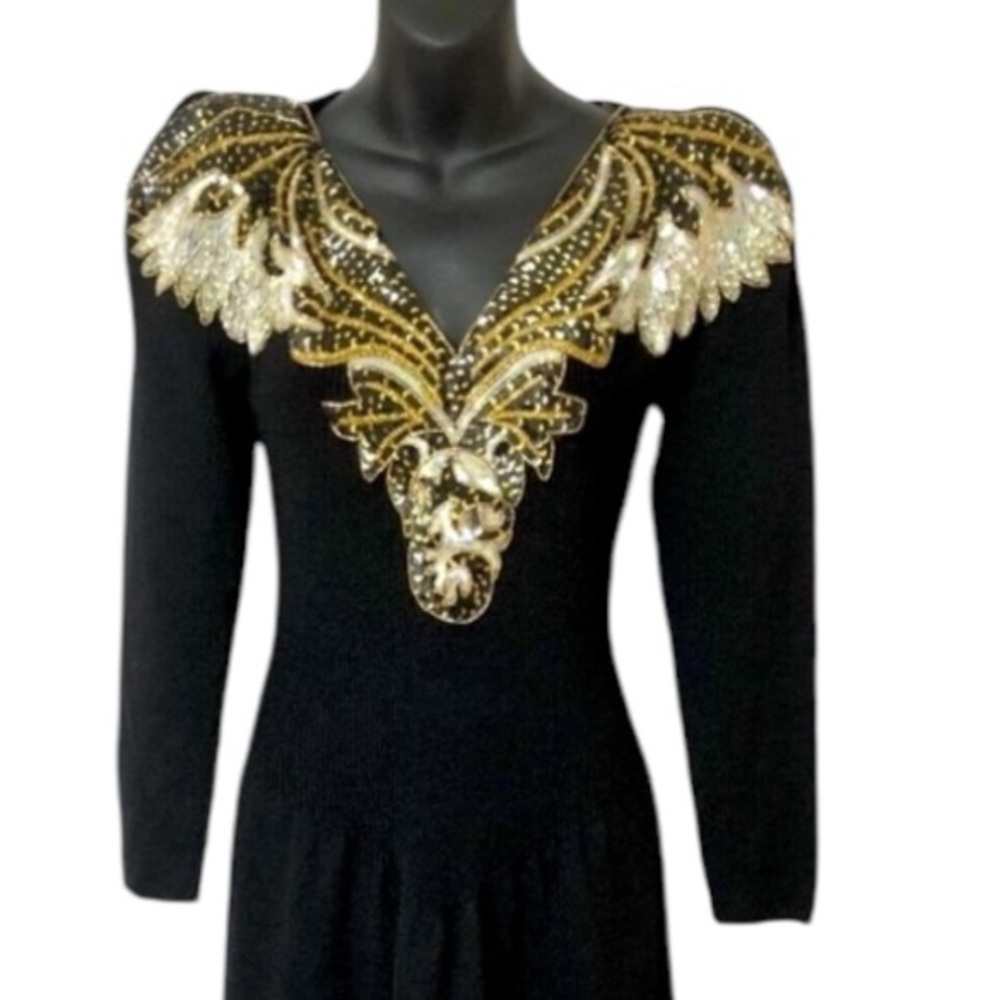 Pat Sandler for Wellmore Neiman Marcus Vintage Dress Black Gold Sequin Size 10